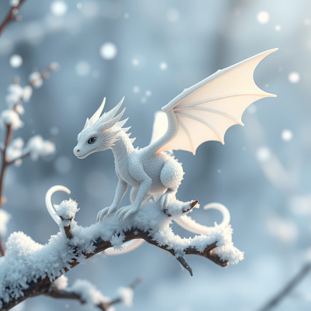 A little white dragon sitting on a branch covered in snow