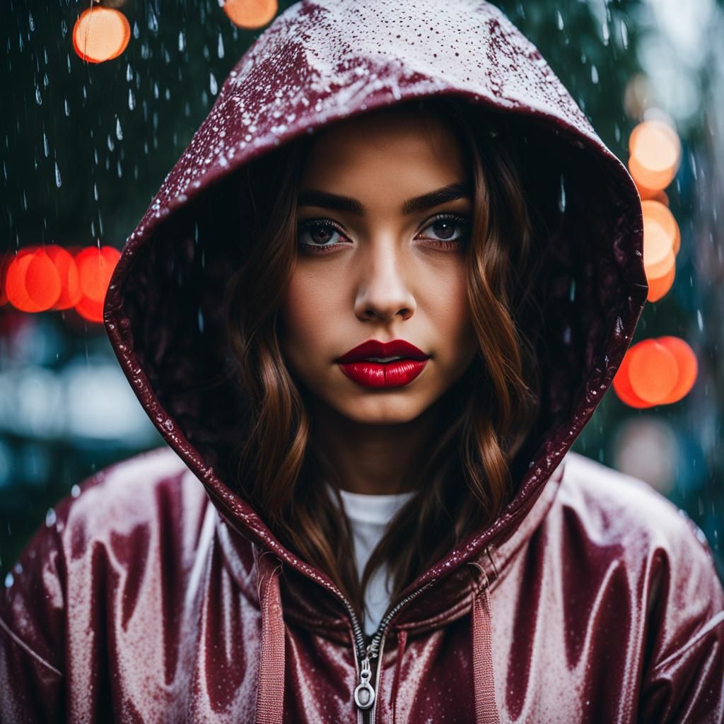 Girl in Hoodie, Rain Soaked Portrait
