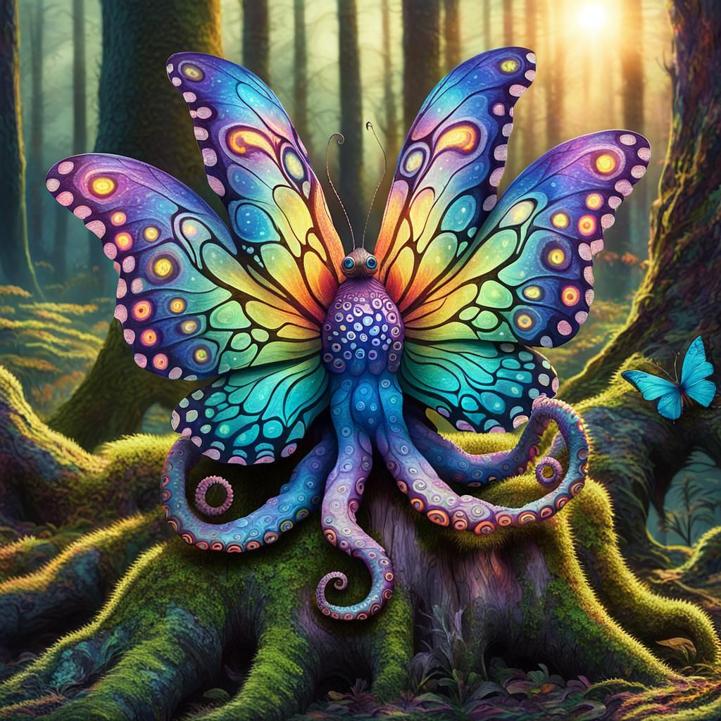Whimsical Creature Sits on Mossy Tree Stump in Fantastical R...