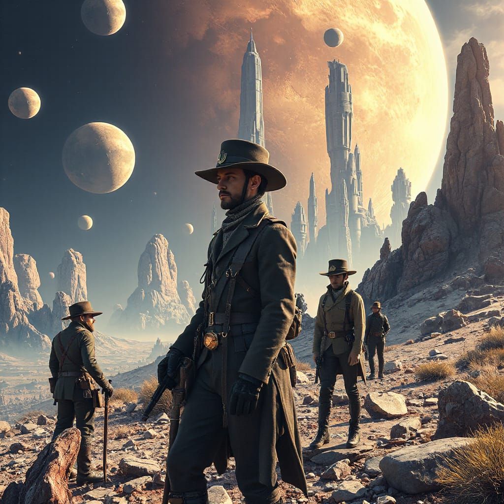 Steampunk Settlers on Alien World, Surreal Oil Painting