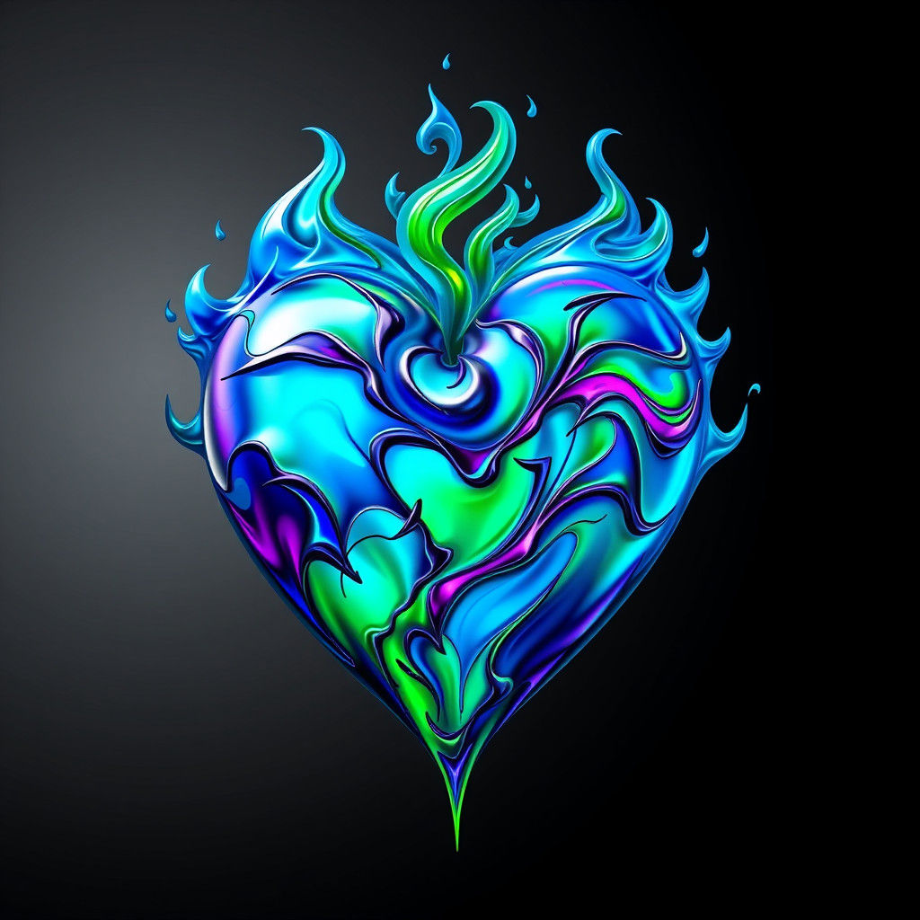 Fiery 3D Heart in Blue and Green Flames