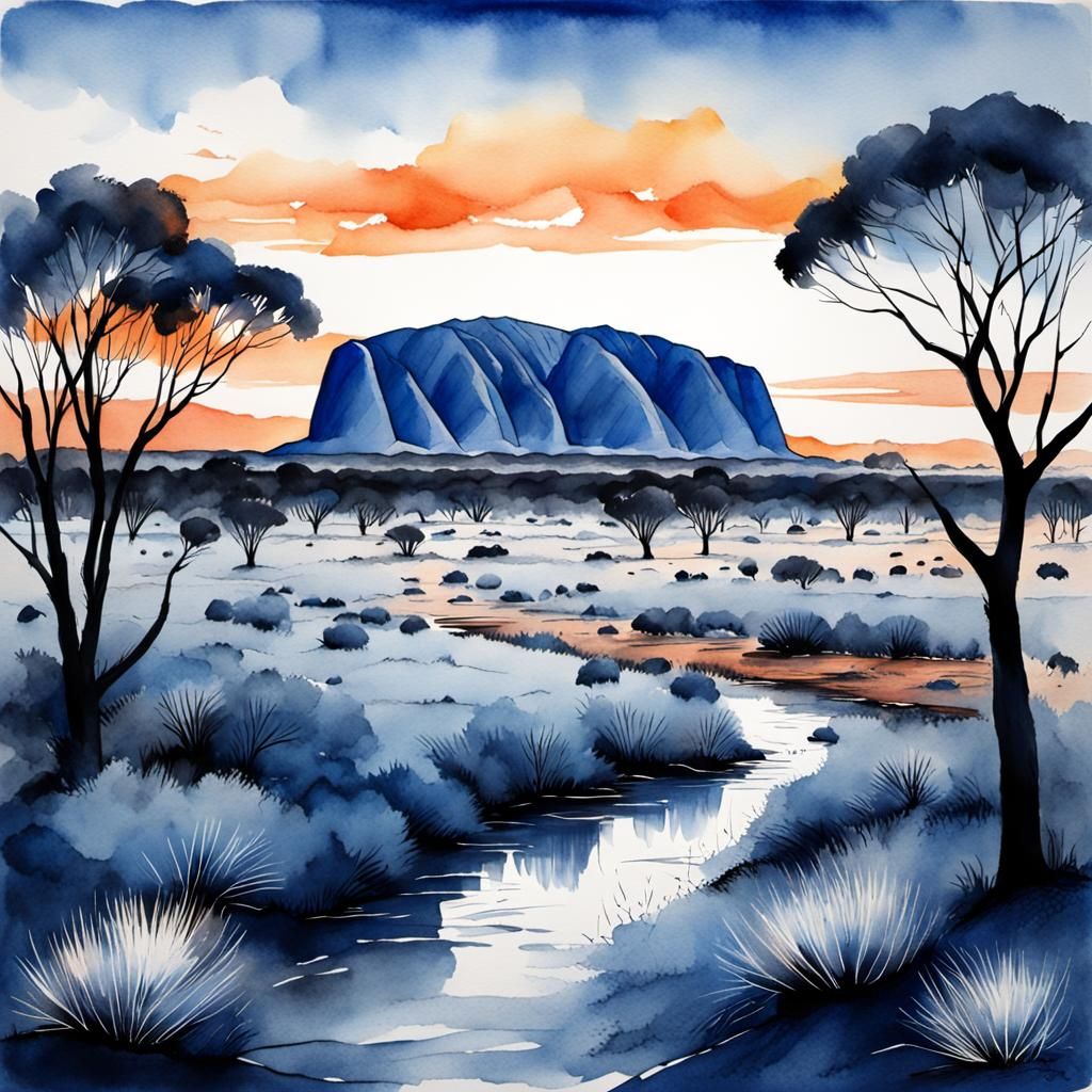 Monochrome Blue Uluru Sunset Watercolour Painting