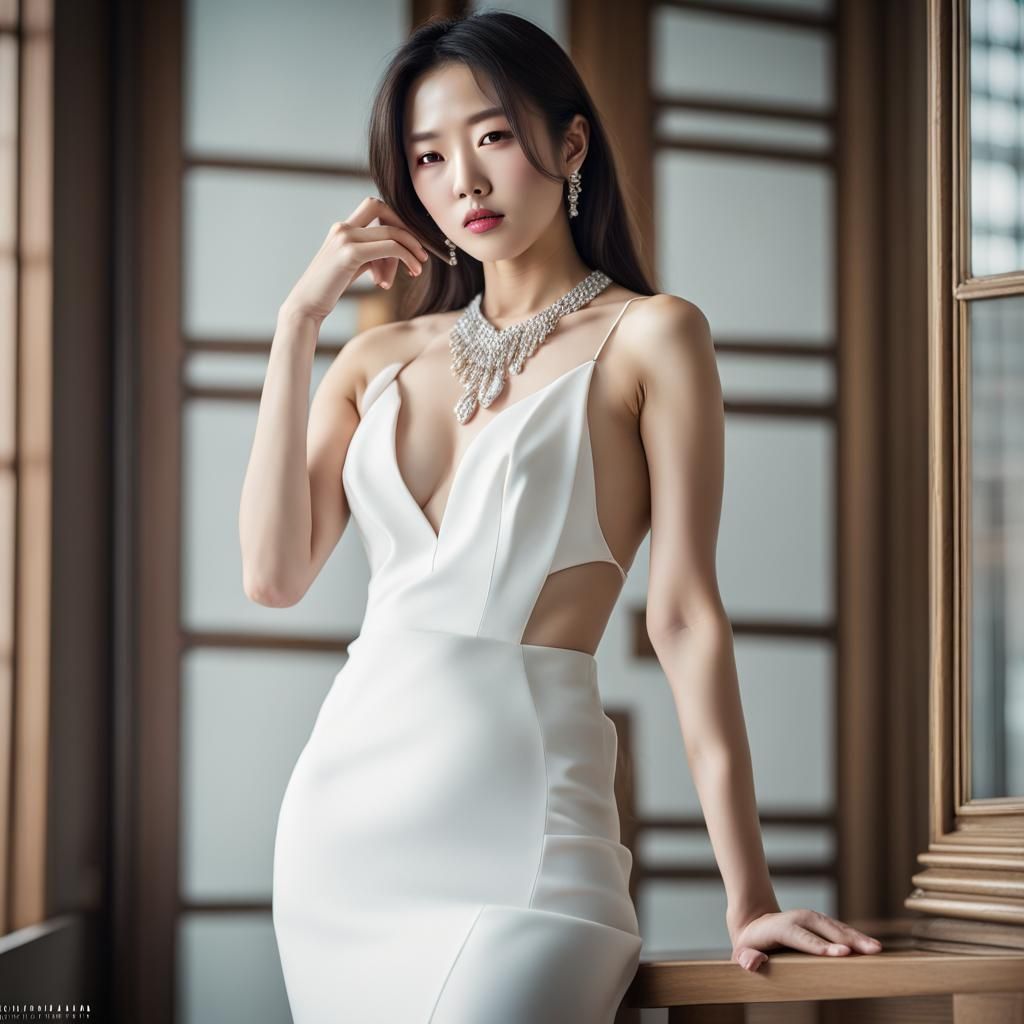Beautiful Korean Model in White Dress, Sharp Focus
