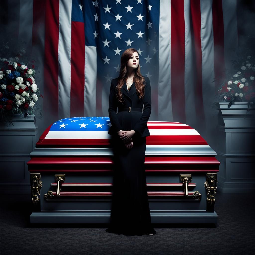 Mourning Woman Beside Coffin with Flag