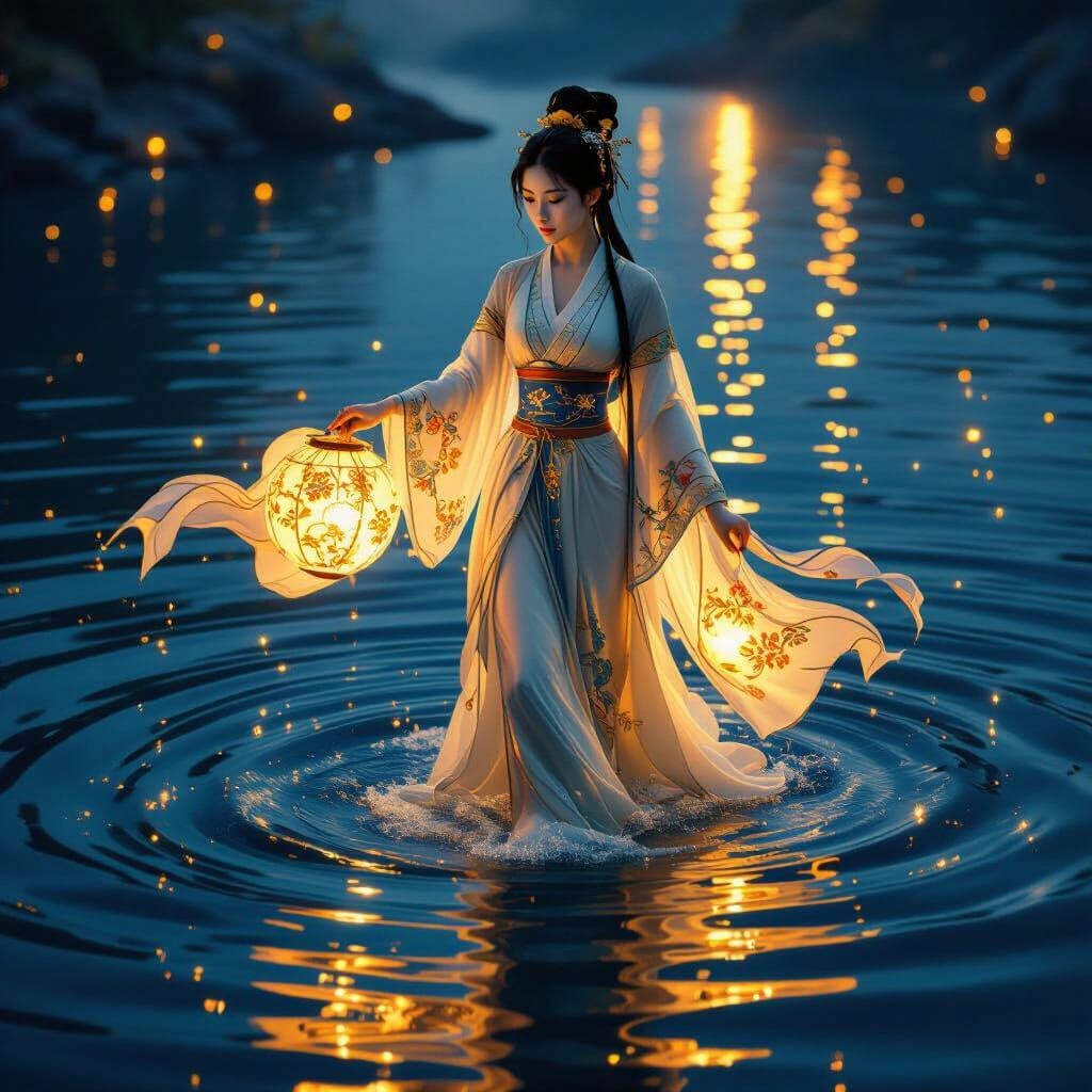 Chinese Lady Walks on Water with Glowing Artwork
