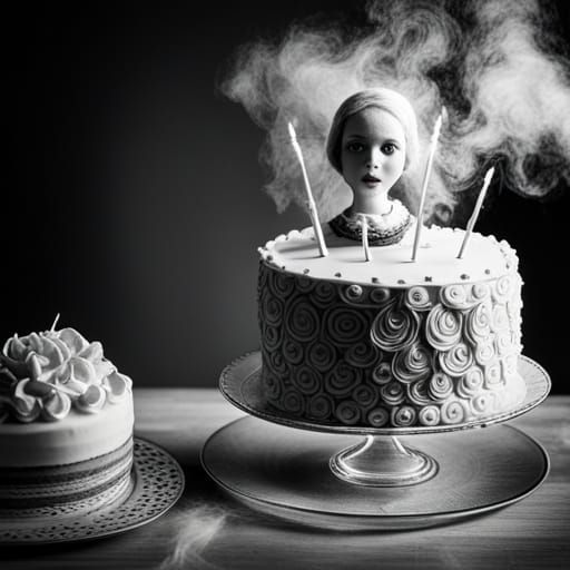 Noir Photo of Surprised Doll with Exploding Cake