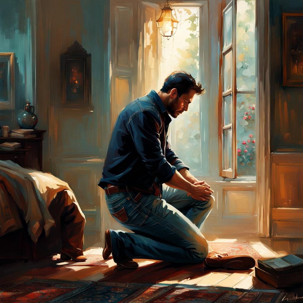 Man Kneeling in Prayer with Sunlight, 3D Rendered