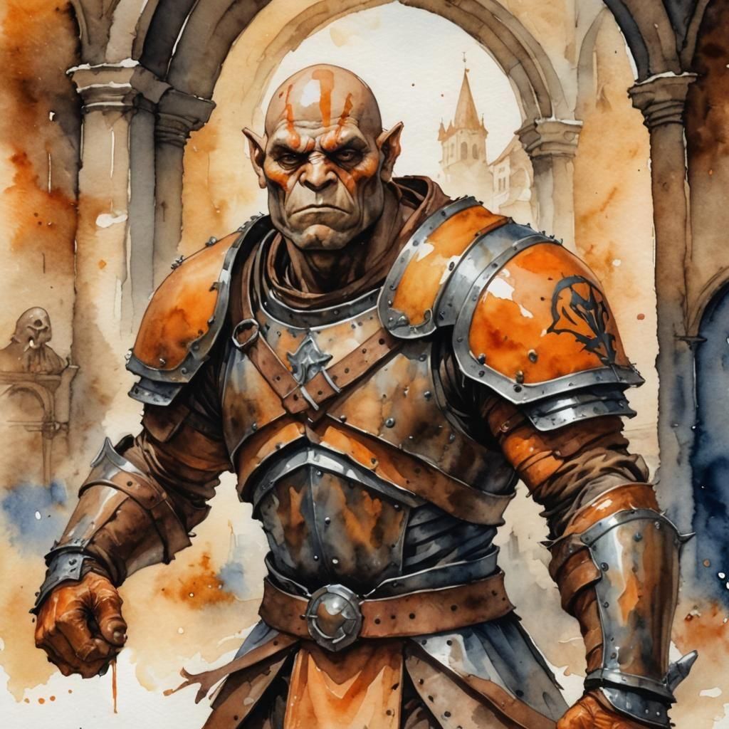 Orc Warrior with Holy Symbol Watercolor Portrait