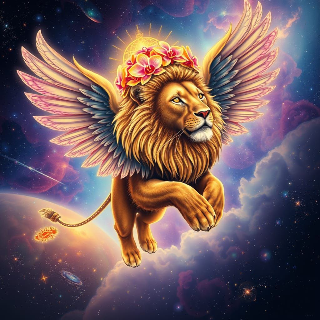 Majestic Lion with Feathered Wings Soaring in Nebula