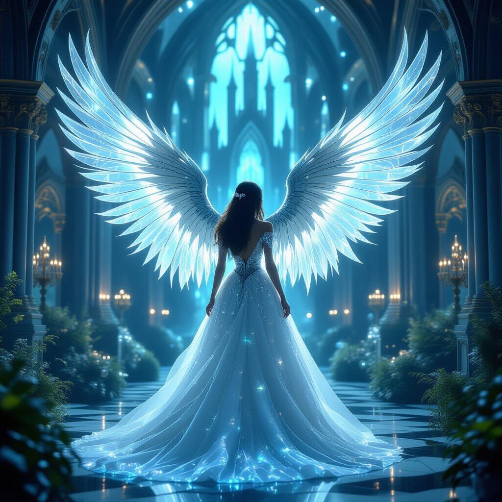 Enchanting Woman in Glass Dress in Gothic Castle