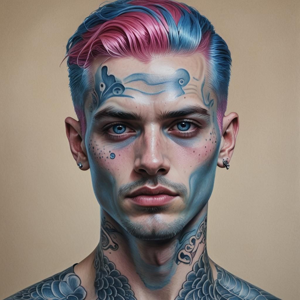 Hyperrealistic Portrait of Blue-Skinned Man with Pink Hair