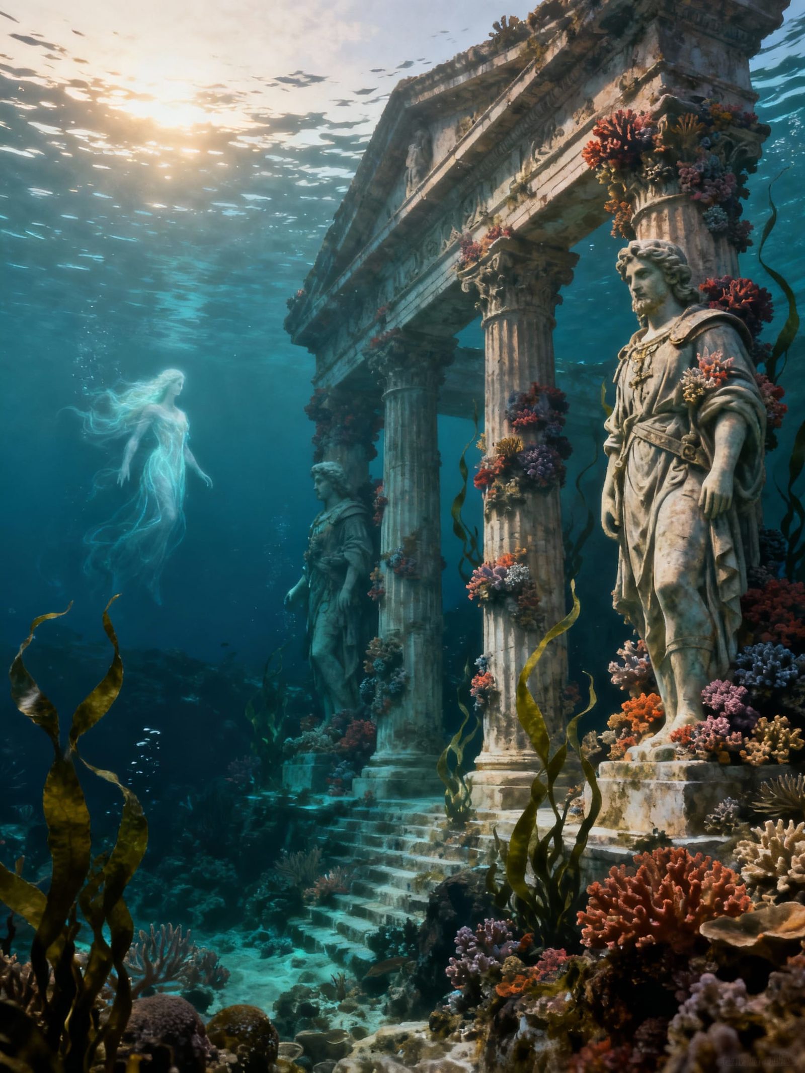Submerged French Temple With Medieval Statues Near Santorini