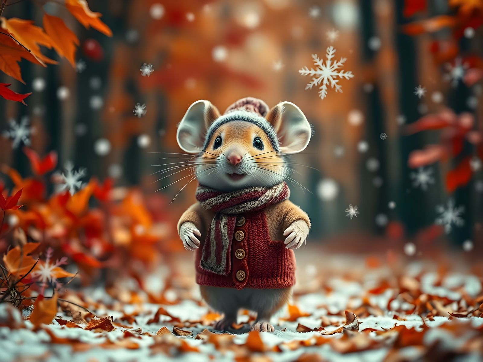 Cute Mouse in Snowy Autumn Forest