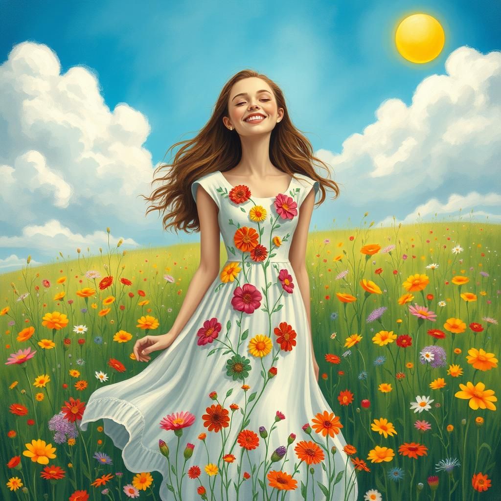 Woman Rising in Flower Meadow, Fantasy Illustration