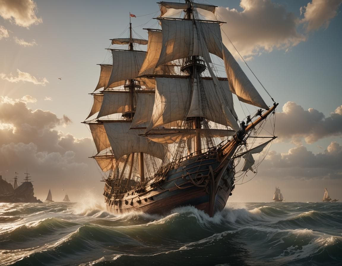 Sailing Ship at Sunrise, Hyperrealistic Concept Art