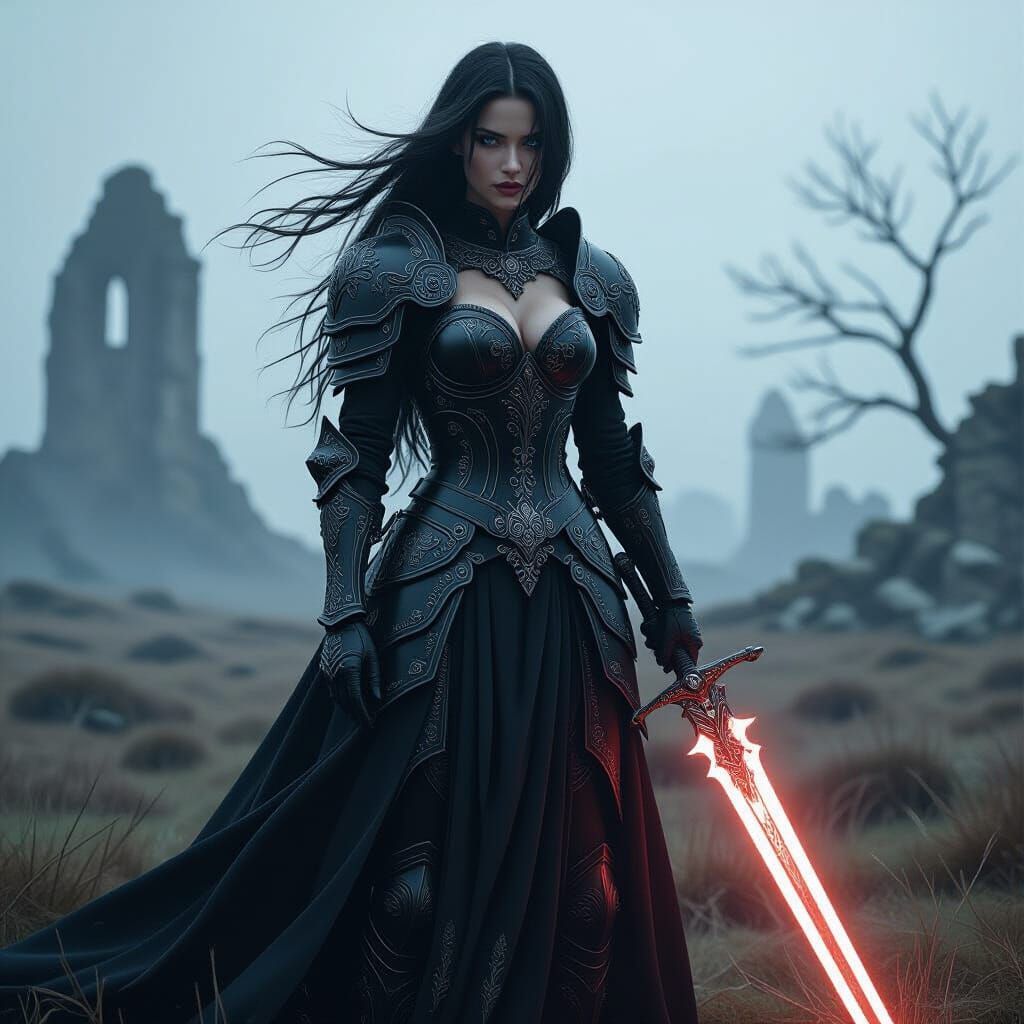 Gothic Knight with Glowing Sword on Windswept Moor