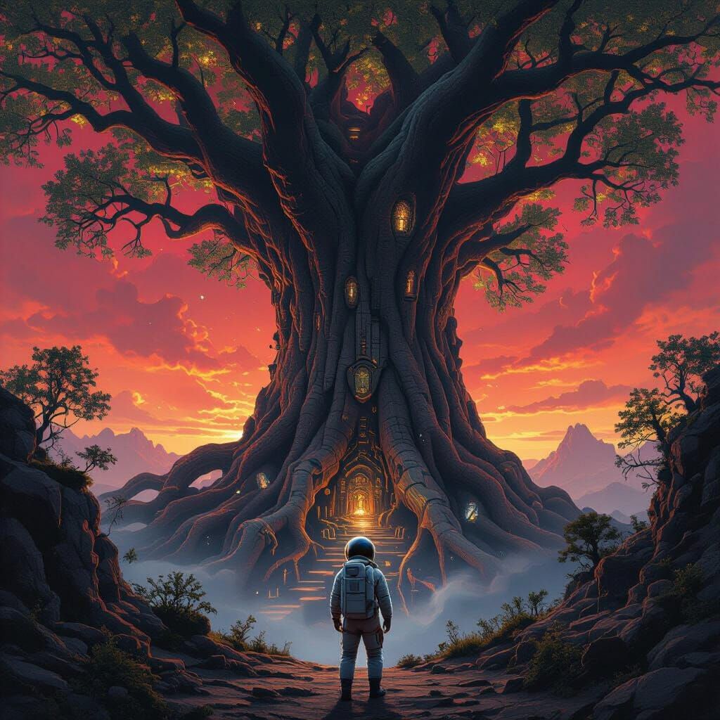 Astronaut and Colossal Tree in Biomechanical Style