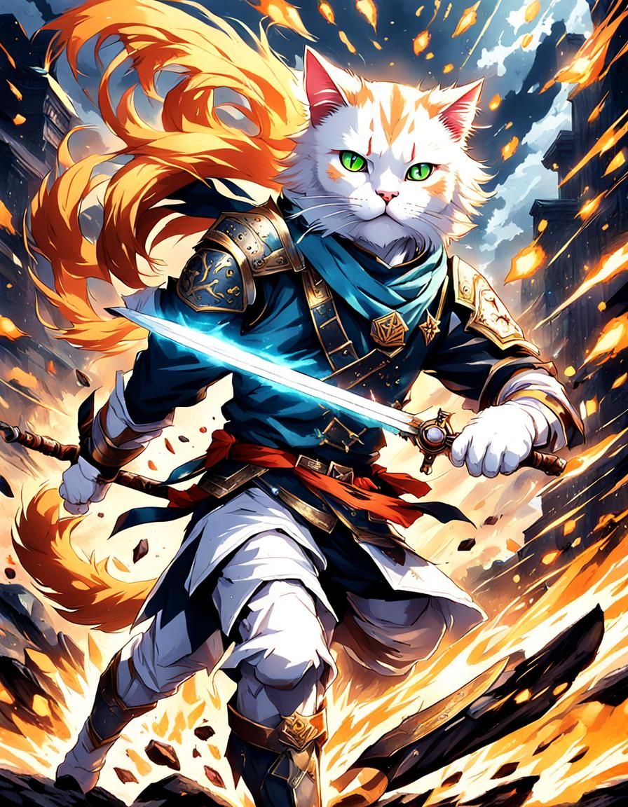 Ginger-White Cat Warrior in Anime Style Combat