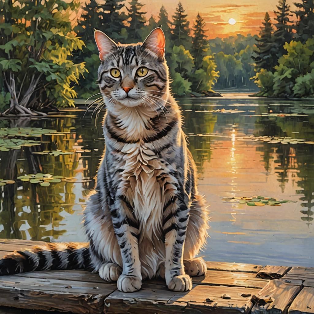 Sunset Lake Serenity with Tabby Cat, Oil Painting