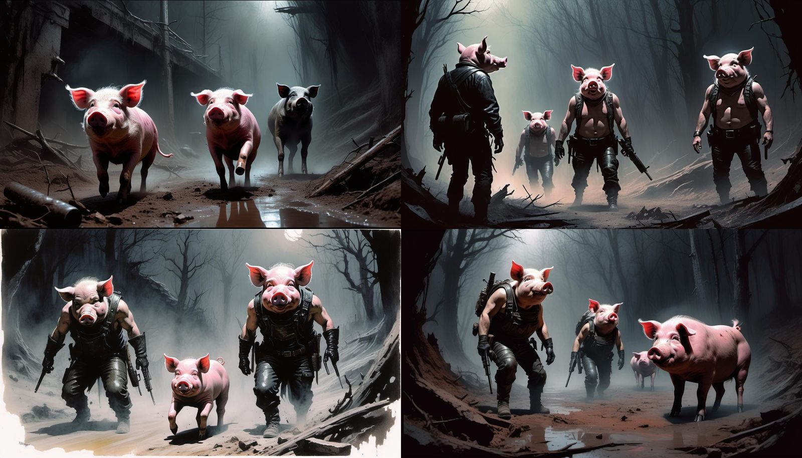 3 little pig's seek+destroy mission on the (hunt:1.3) for the big bad wolf.
8k resolution concept art, Gerald Brom/Kell...