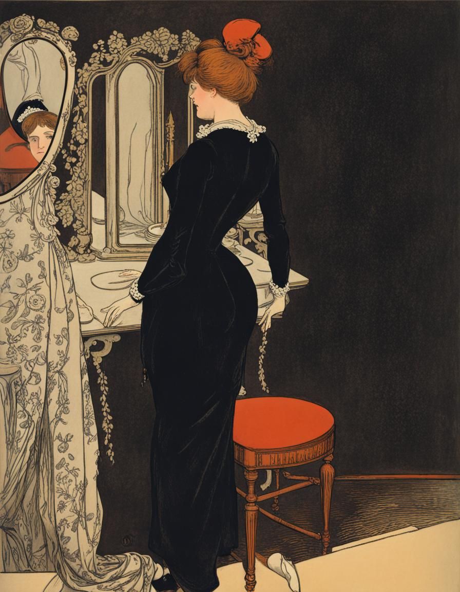 Woman and Mirror in Beardsley Art Nouveau Style