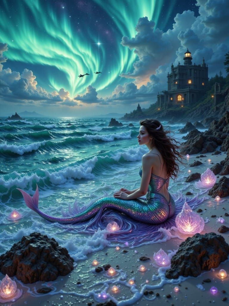 Melancholic Mermaid Washes Ashore on Bioluminescent Beach