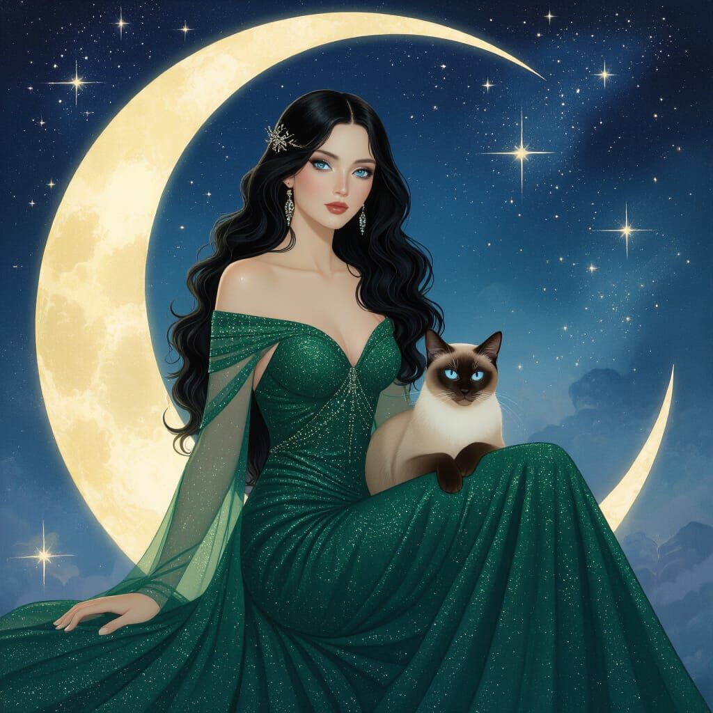 Ethereal Woman and Siamese Cat on Crescent Moon