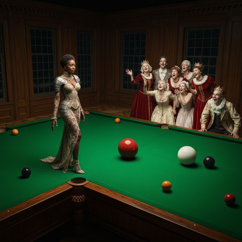 Surreal Snooker Game with Armored Woman