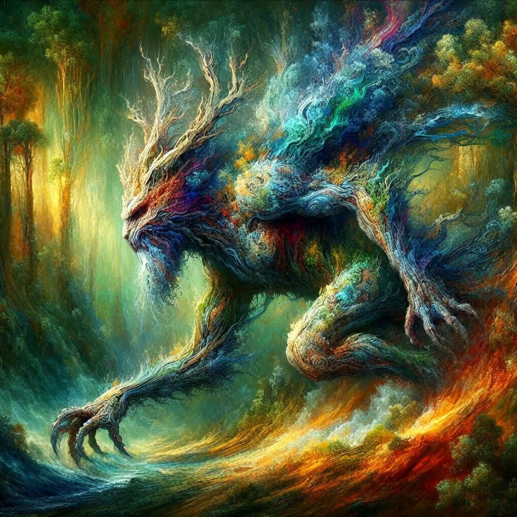 Iridescent Earth Elemental Rises in Lush Forest