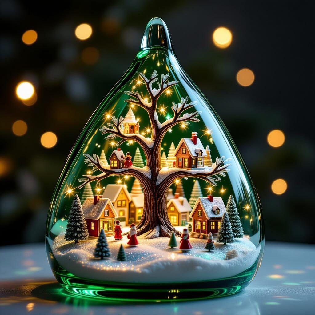 Glass Christmas Tree Diorama with Village Inside