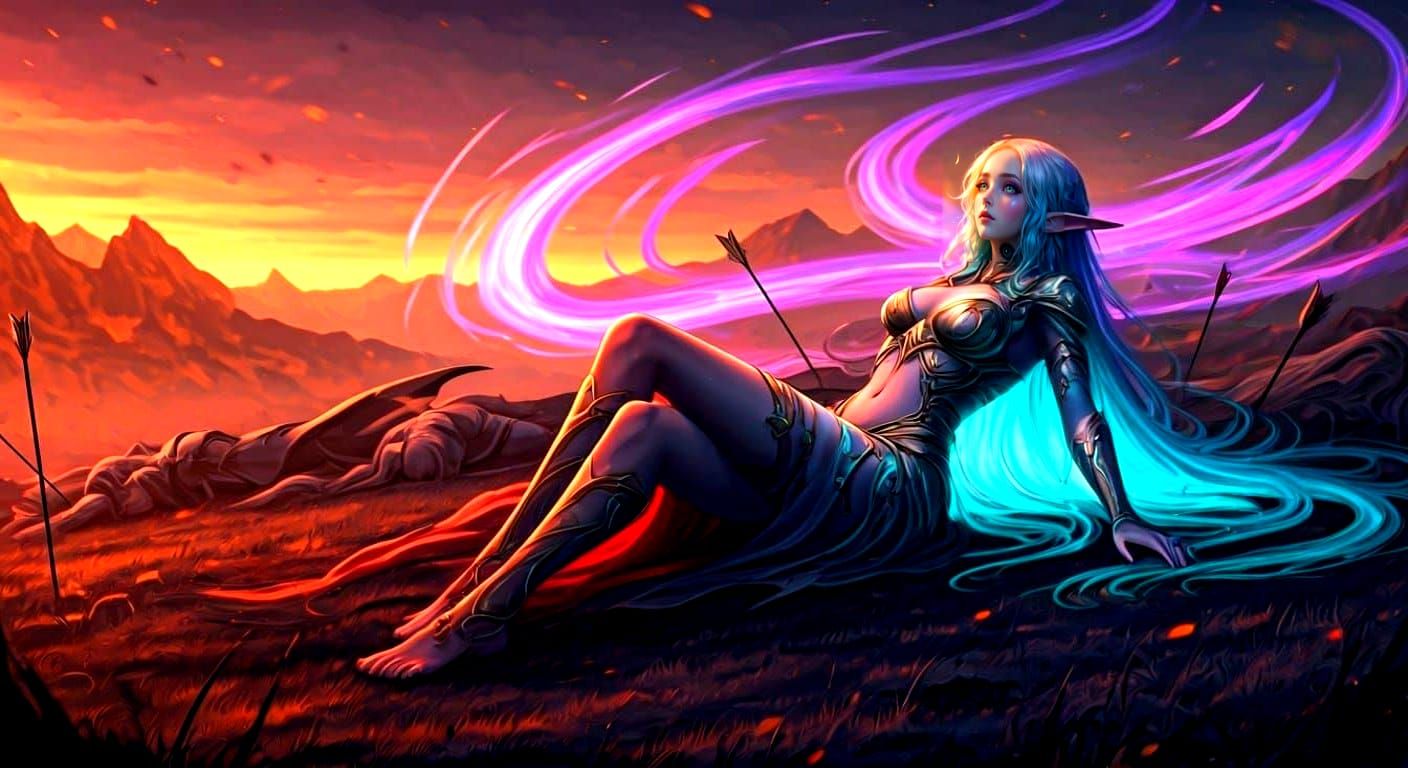 Surreal Sunset Warrior Maiden in Epic Defeat