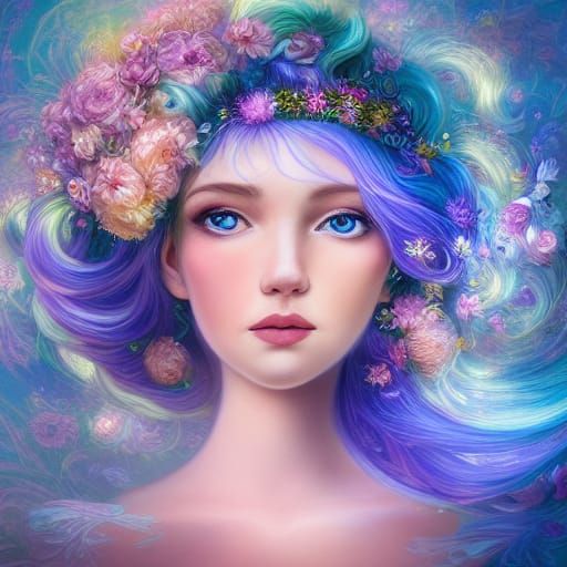 Blue-Haired Girl in Floral Ballgown, Renaissance Painting