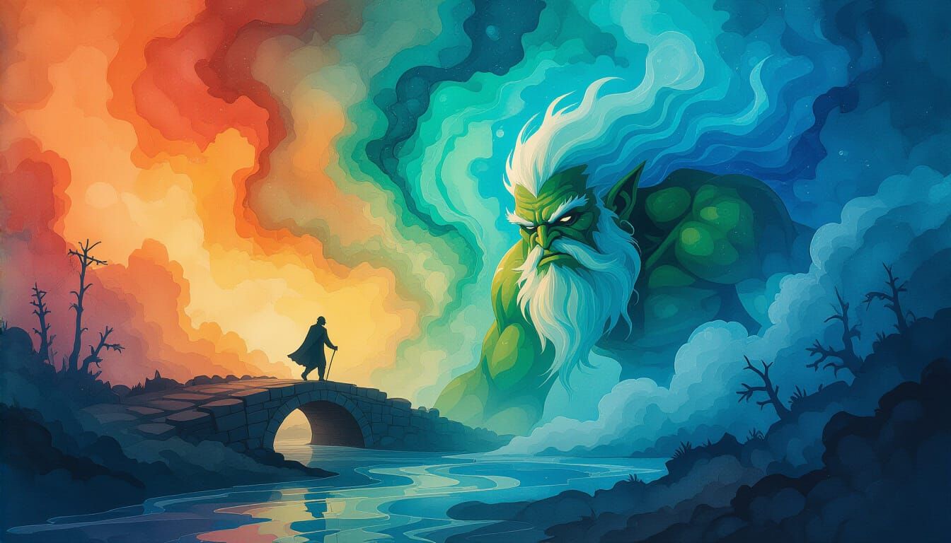 Green Troll Under Bridge in Ebru Marble Style