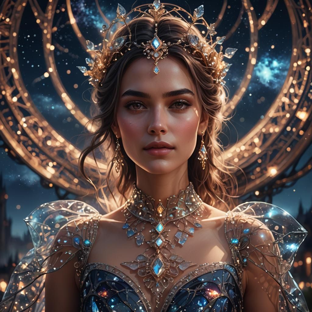 Woman in Glass Dress Against Night Sky