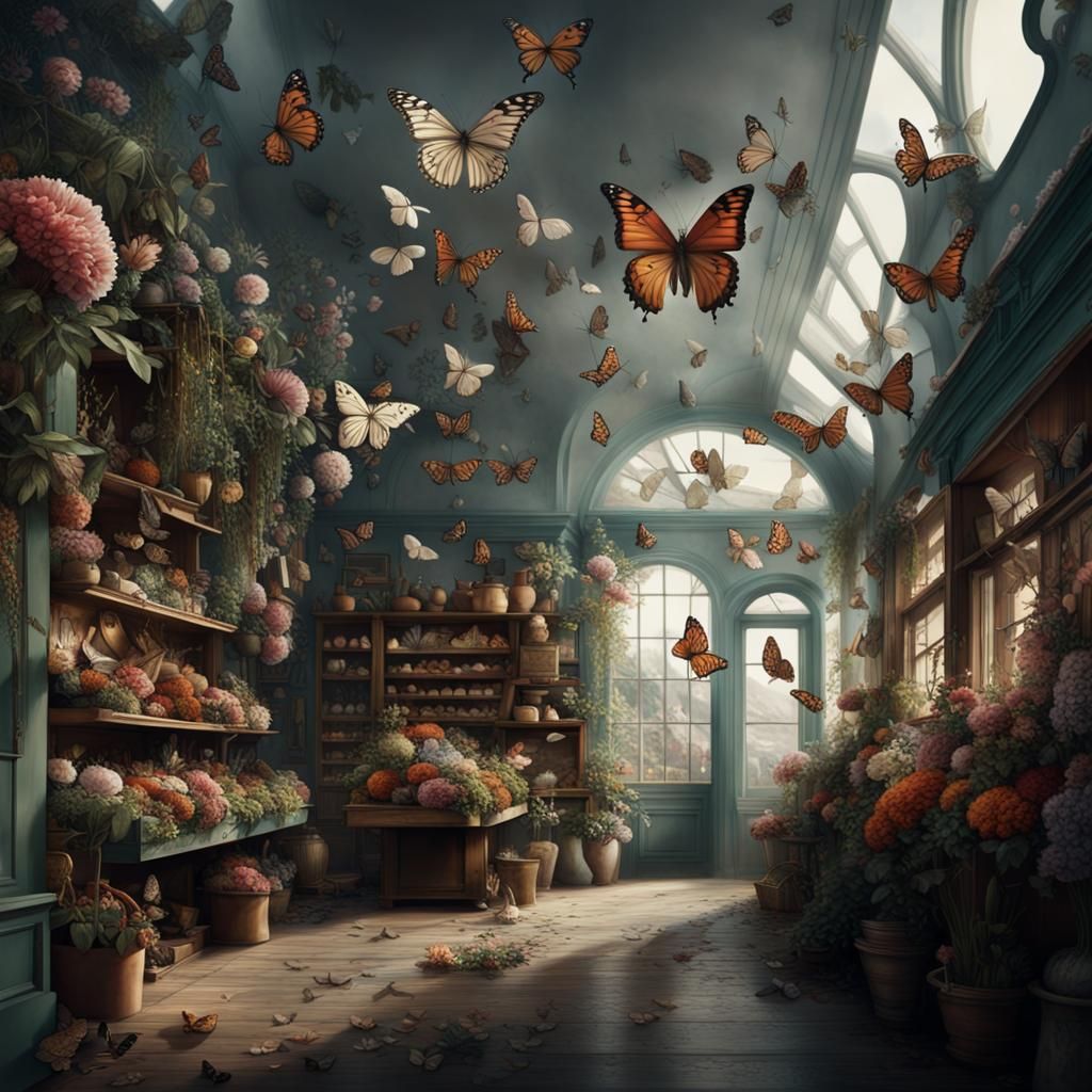 Botanical Flower Shop with Butterflies in Cut-Out Style