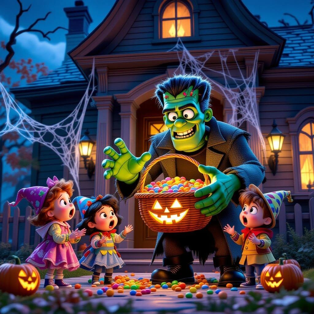 Friendly Frankenstein Meets Shocked Trick-or-Treaters