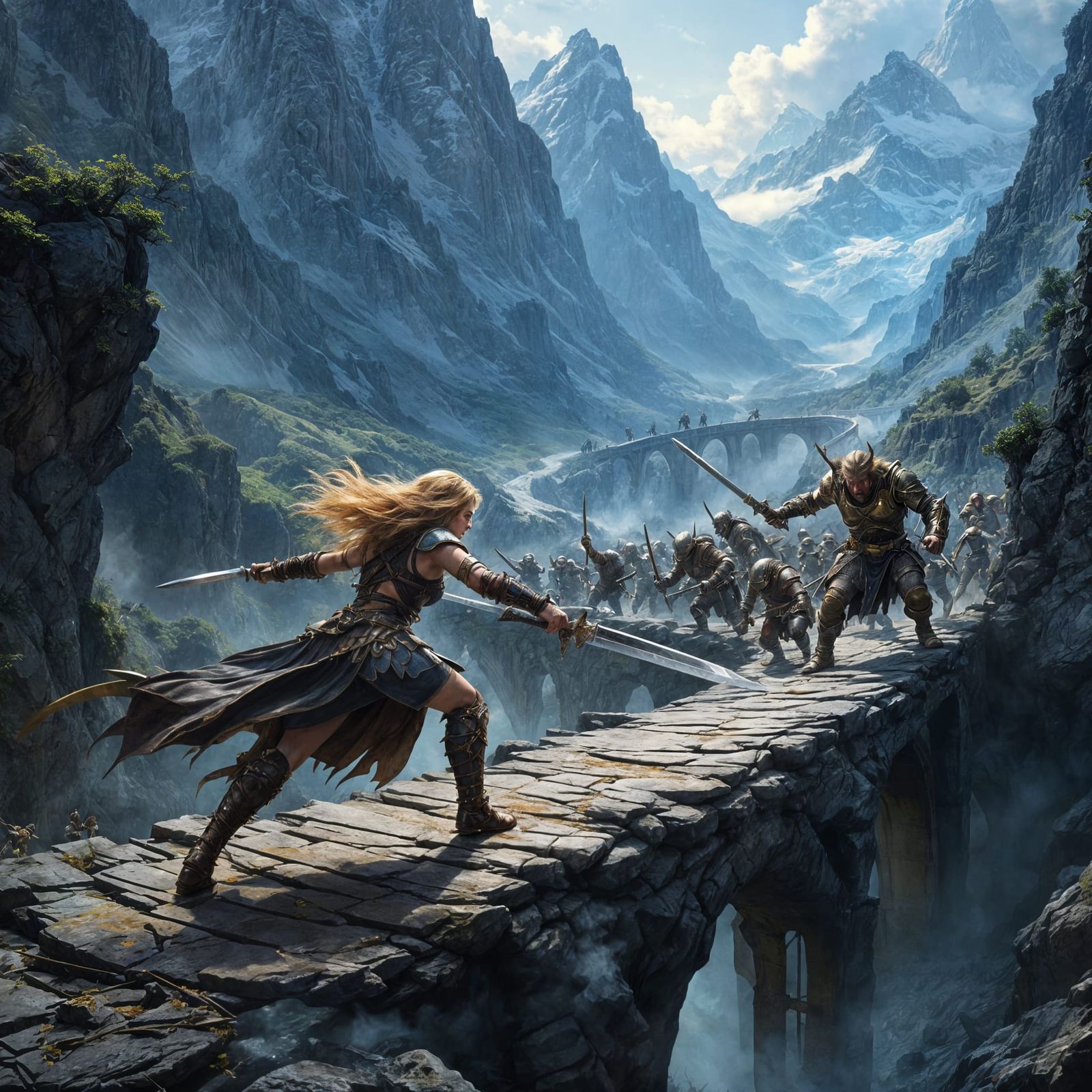 Epic Dark Fantasy Battle Scene on Sinister Bridge