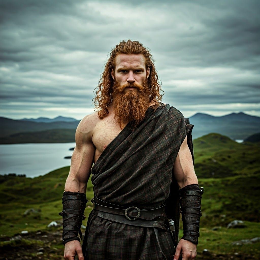 Scottish Warrior in Highland Landscape, Cinematic Photograph...