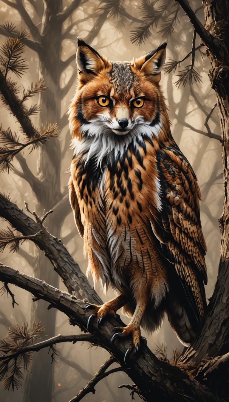 Realistic Fox-Owl Hybrid Wildlife Illustration