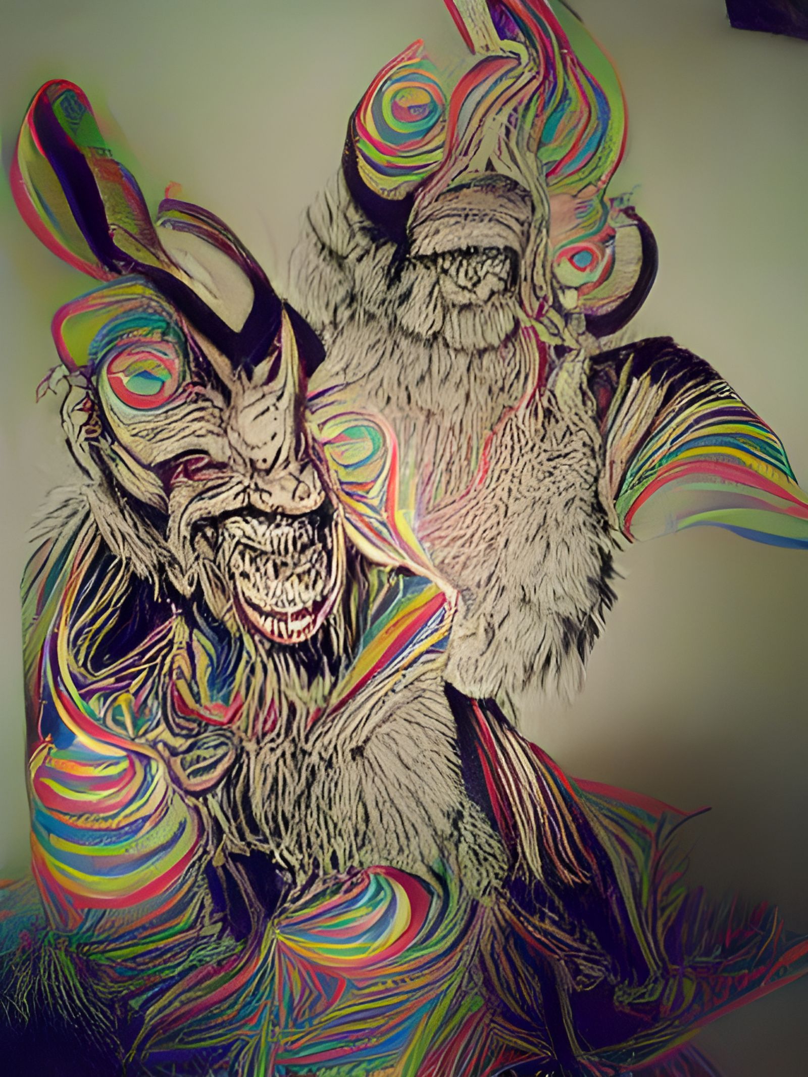Super trippy psychedelic pen and ink drawing of krampus