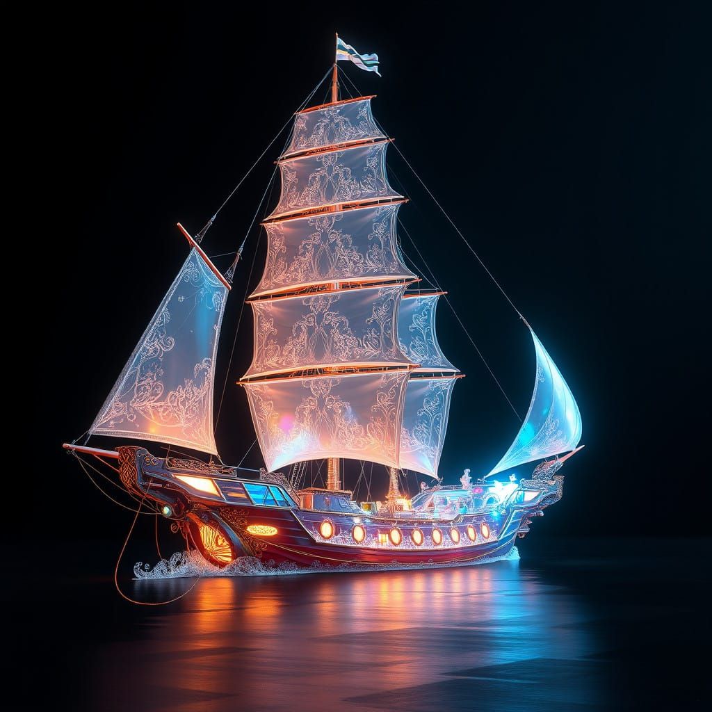Ethereal Sailing Ship in Cyberpunk Style