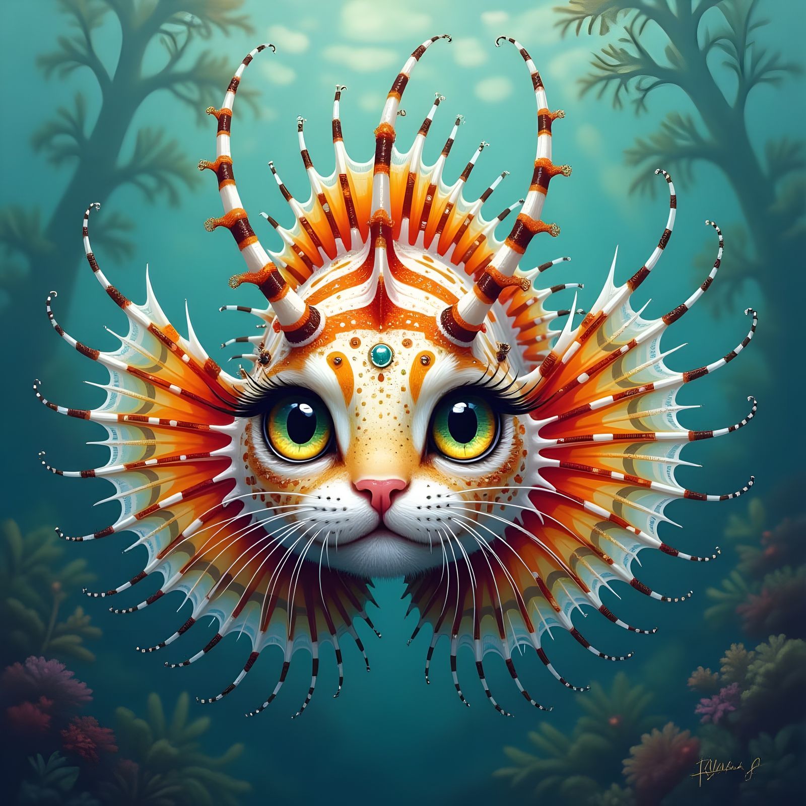 Whimsical Cat-Lionfish Masterpiece in Triadic Colors