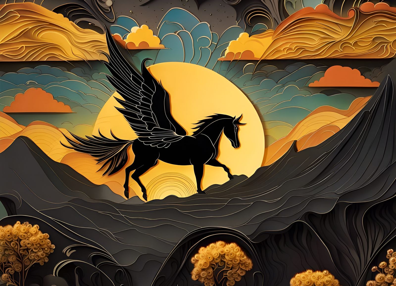 Pegasus Soaring Above Mesa in Paper Art Style