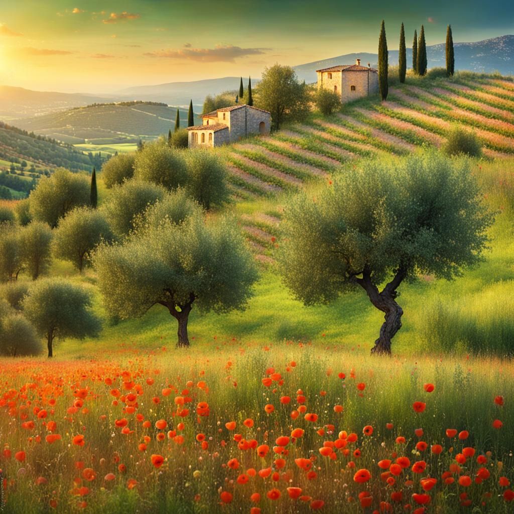 Provence Orchard at Magic Hour: High-Resolution Photo