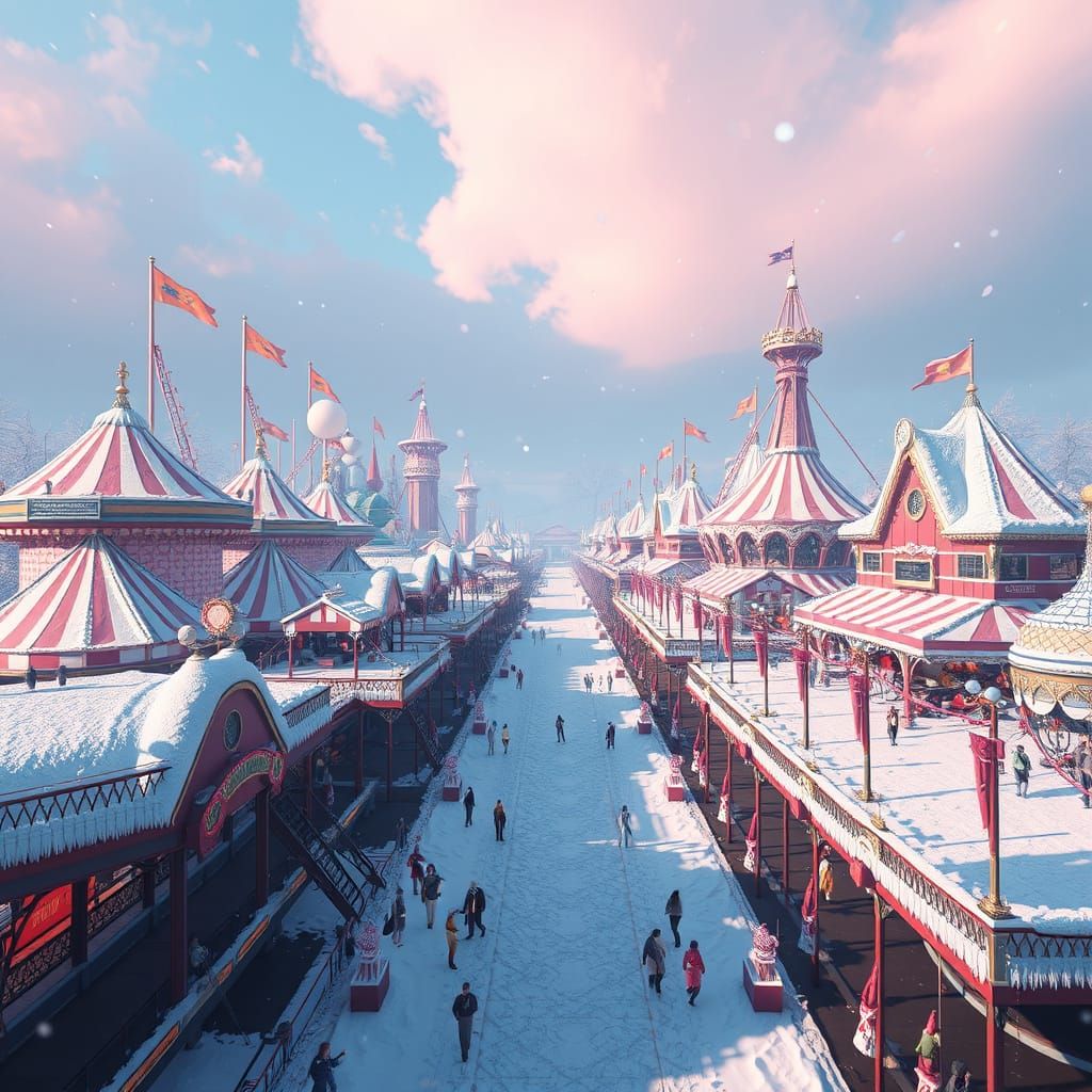 Snowy Dystopian Amusement Park in Cyberpunk Style