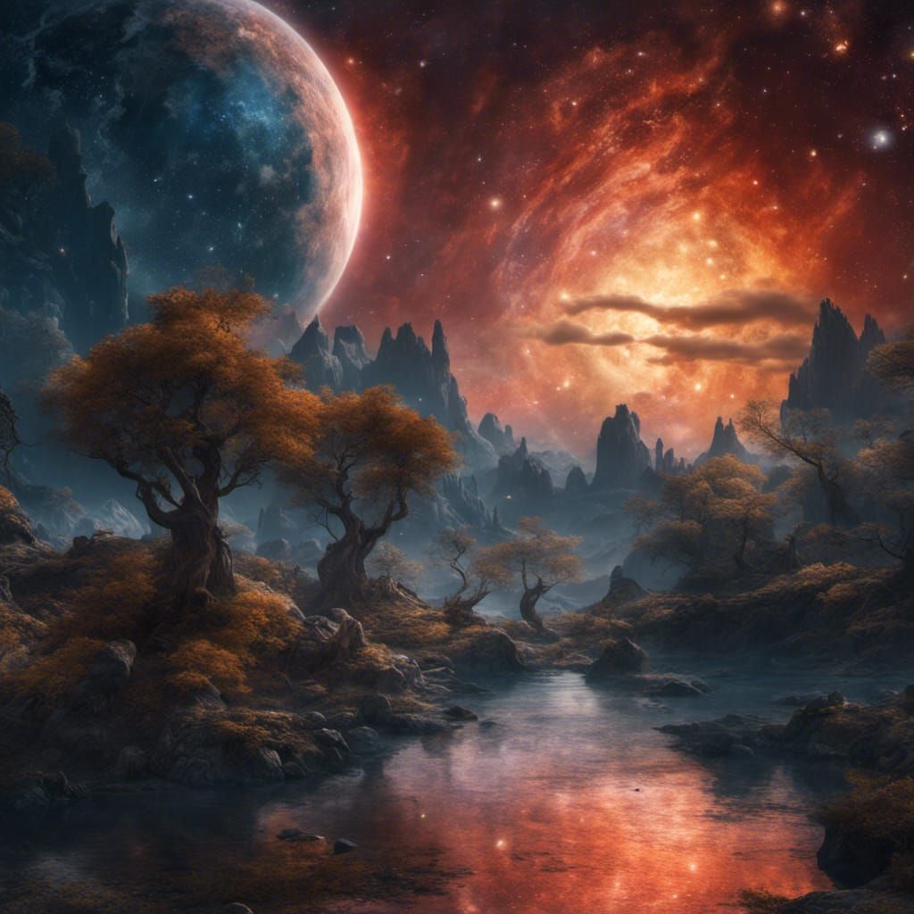 Fantasy Landscape with Starry Sky, Detailed Matte Painting