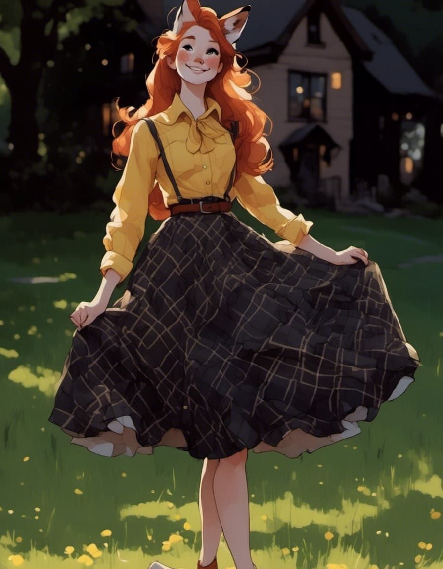 Smiling, Adorable Fox-girl VIXEN modeling clothing.