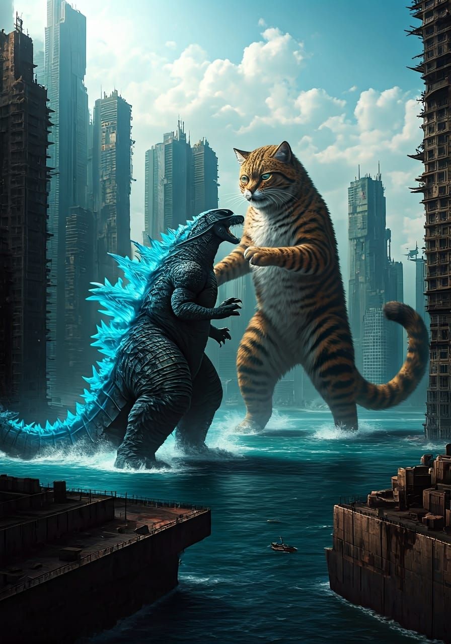 Godzilla vs Giant Cat in Ruined City
