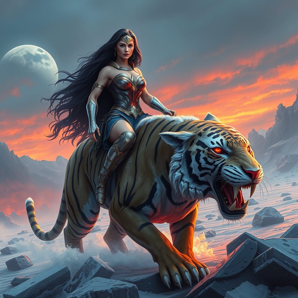 Wonder Woman Rides Cybernetic Tiger Vanguard Across Frozen H...