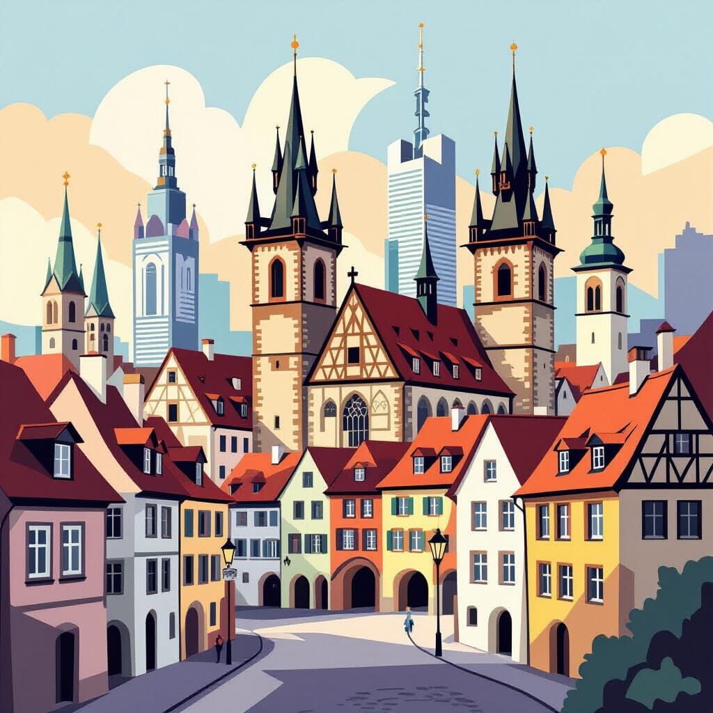 Geometric Cityscape in Cubist Vector Art